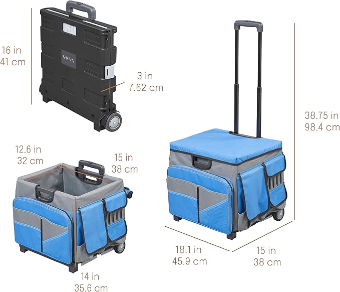 Mobile Folding Utility Cart with Canvas Storage Organizer Bag, Rolling Cart, Blue/Grey