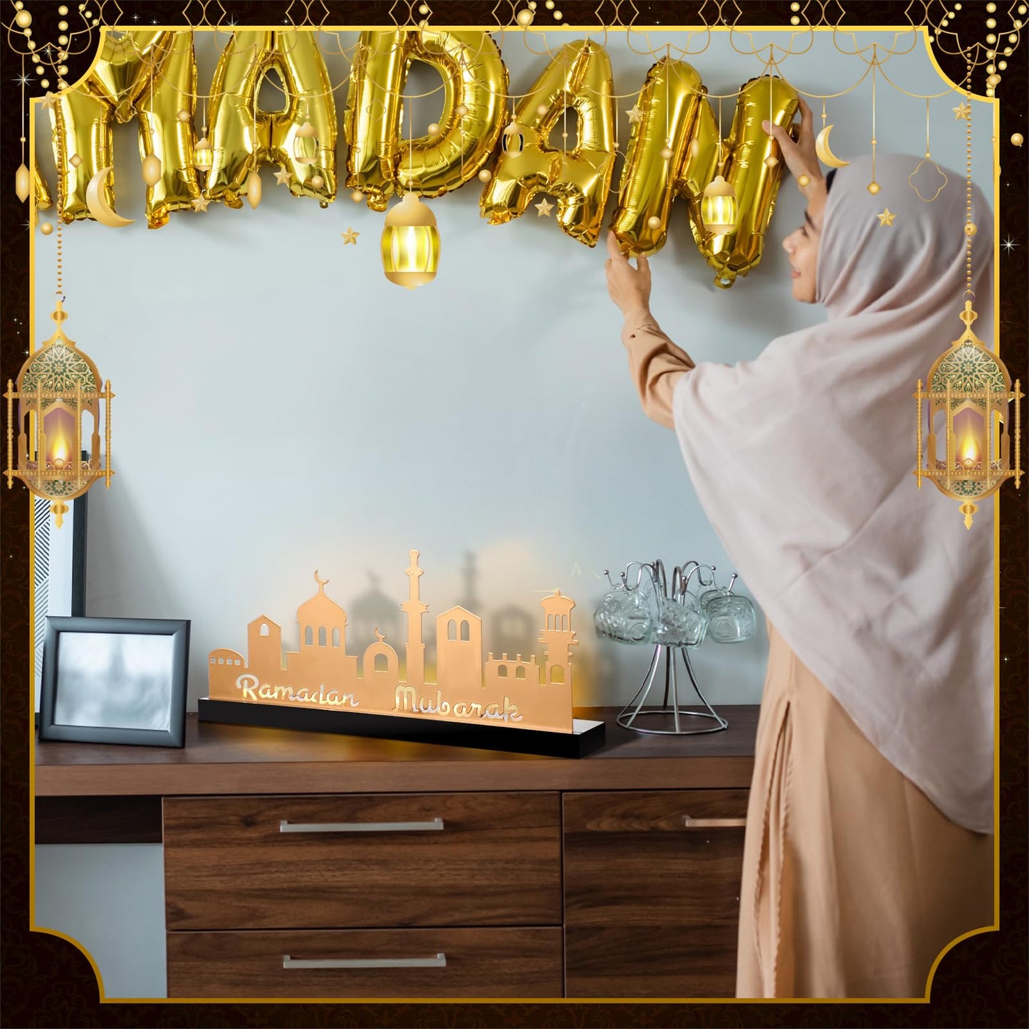 MorningRo Ramadan Mubarak Decorations Islamic Candle Holder with 5 Tea Candles Eid Mubarak Metal Sign with Wood Base Ramadan Kareem Table Centerpieces Eid Al Fitr Muslim Party Gifts