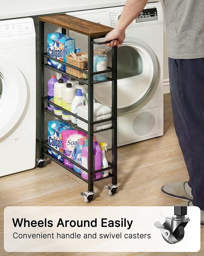 Pipishell Slim Storage Cart with Wheels - 4 Tier Rolling Kitchen Storage Cart with Handle and Wood Top, Metal Slim Bathroom Cart for Laundry Room, Bathroom, Kitchen, Narrow Space, Black & Rustic Brown
