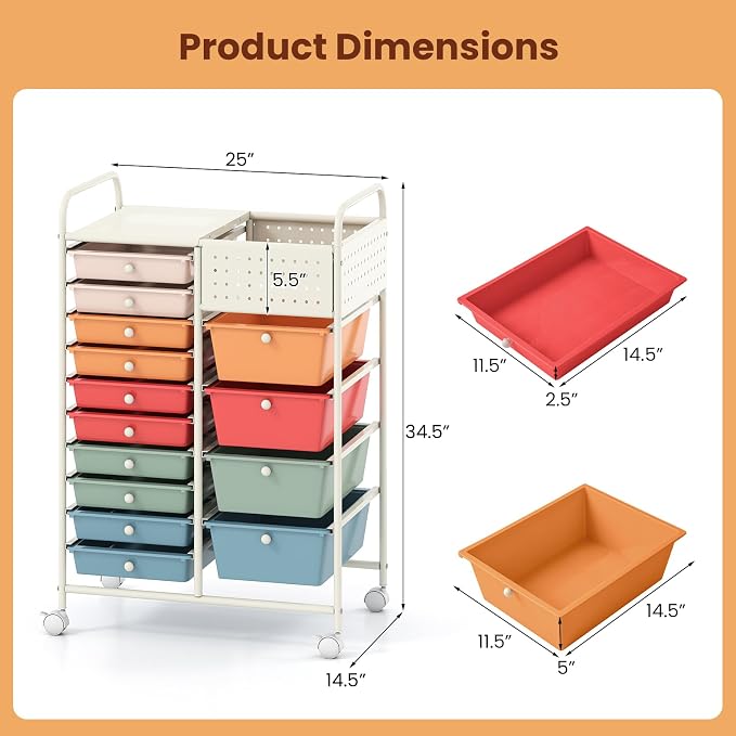 Giantex 14 Drawer Storage Cart, Rolling Craft Cart with Metal Tabletop & Pegboard, Mobile Utility Organizer Trolley with Locking Wheels, Home Office, Macaron Multicolor