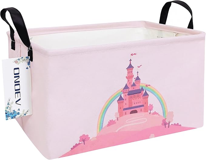 Rectangular Pink Princess Castle Storage Bin, Decorative Canvas Laundry Basket with Dual Handles, Foldable Household Organizer for Girls Bedroom Dorm