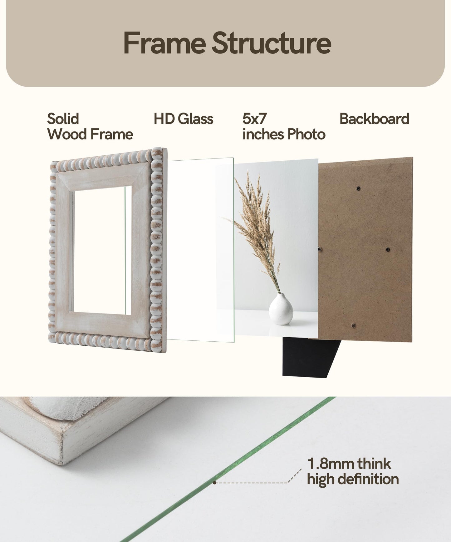 Afuly 5x7 Farmhouse Picture Frame Boho White Beads Photo Frame Wooden Distressed Wall Hanging Desk Standing Decor Artwork Personalized Birthday Gifts for Family, Couple, Friends