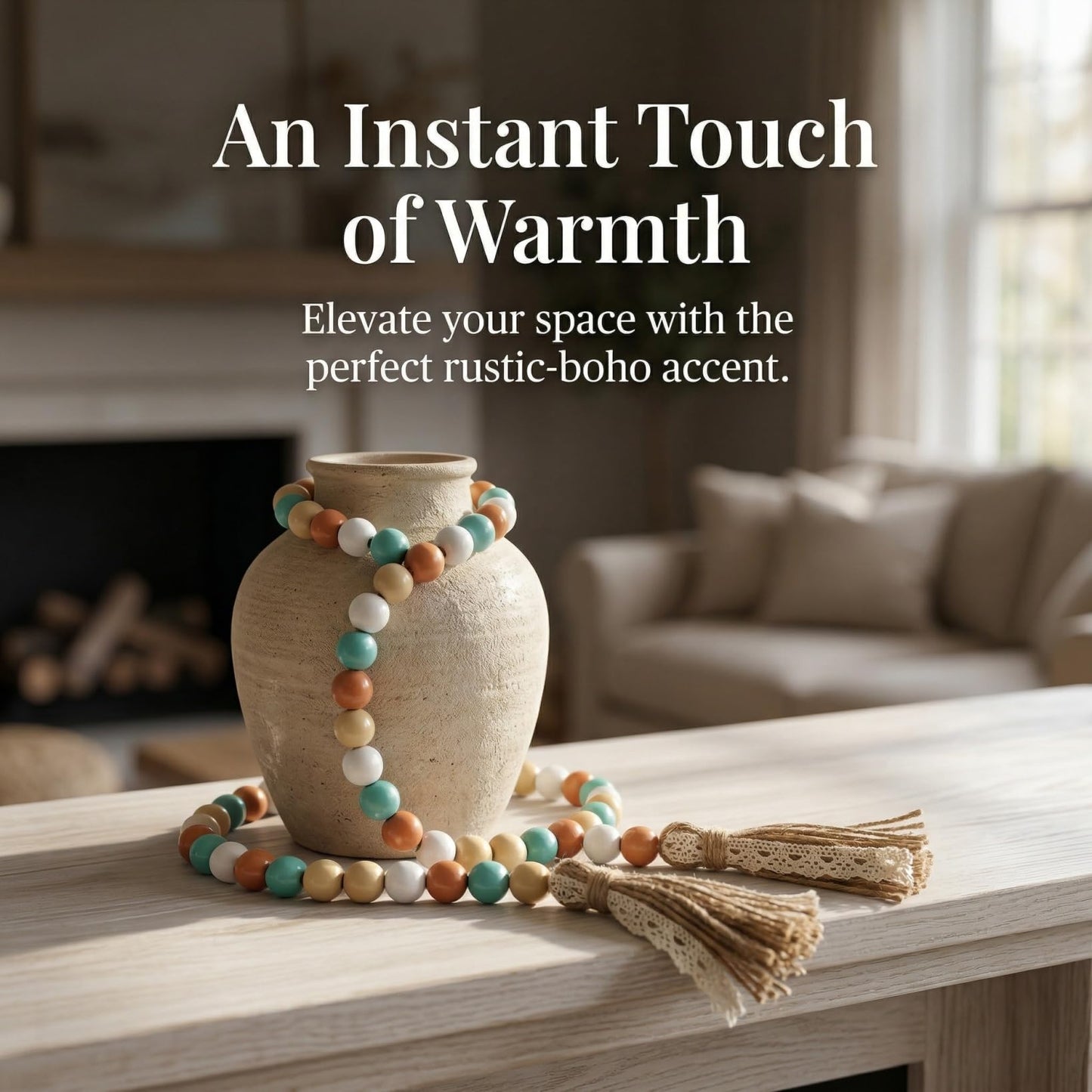 TOPPERFUN Wood Beads Garland with Tassels, 42.4in Farmhouse Rustic Style Colorful Wood Beads String, Large Antique Wooden Prayer, Boho Home Festival Decor Garland Rosary Rope