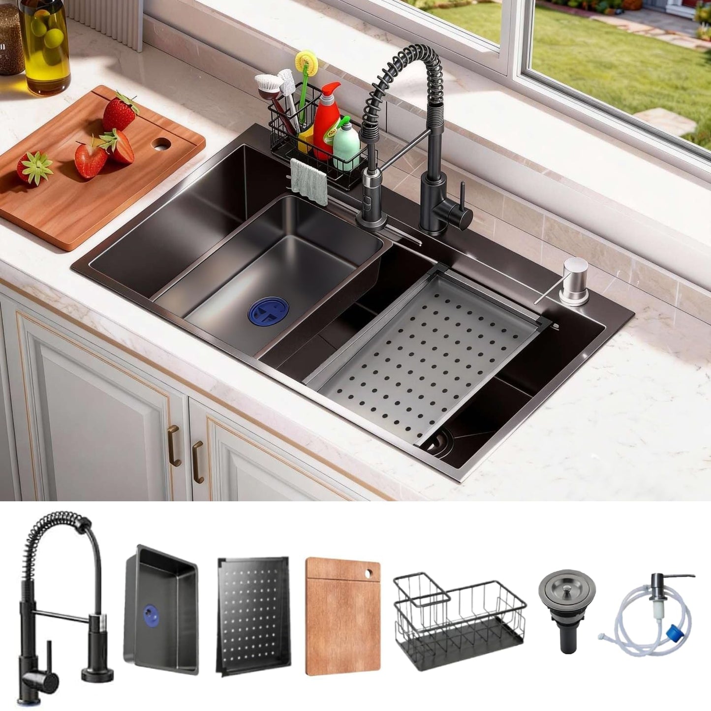 32x19 Black Drop-in Kitchen Sink: Deep Single Bowl Stainless Steel Workstation with Faucet & Accessories Combo for Family Kitchen—Scratch Resistant & Noise Reducing