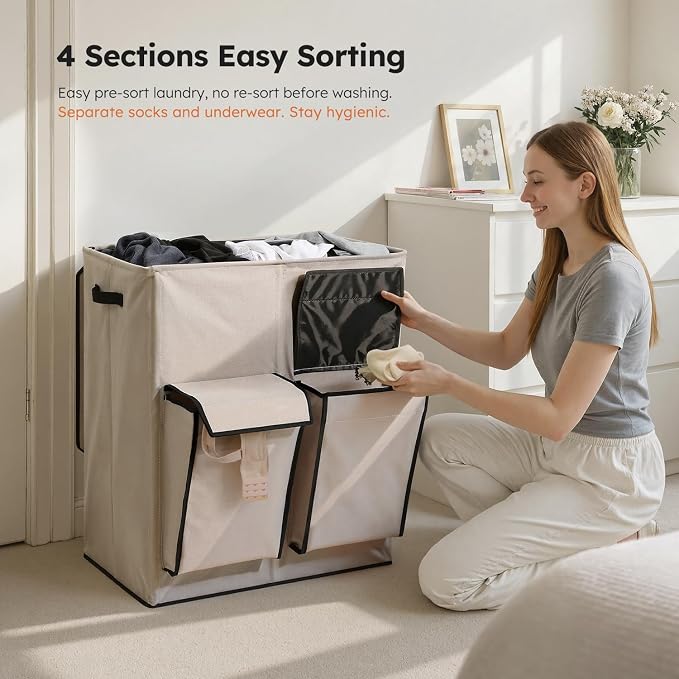 SOLEDI Double Laundry Hamper with Lid, 47.8 Gal (180L) Large Laundr Basket 2 Section with 2 Side Pockets, Dirty Clothes Hamper with Removable Bag, Easy to Carry for Laundry Room, Bedroom, Light taupe