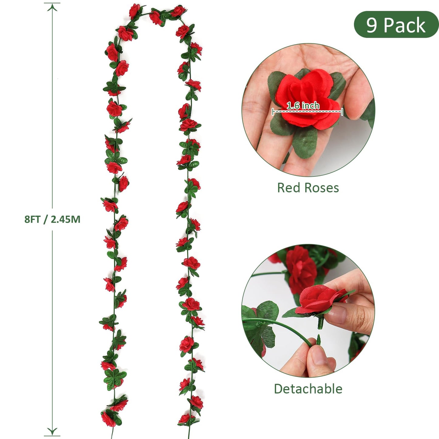 KHOYIME 9 Pack 72 FT Artificial Flower Garland, Fake Red Roses Vines Silk Flowers Faux Plastic Outdoor Hanging Floral Ivy Garland Decoration for Wedding Arch Bedroom Home Wall Backdrop Room Decor