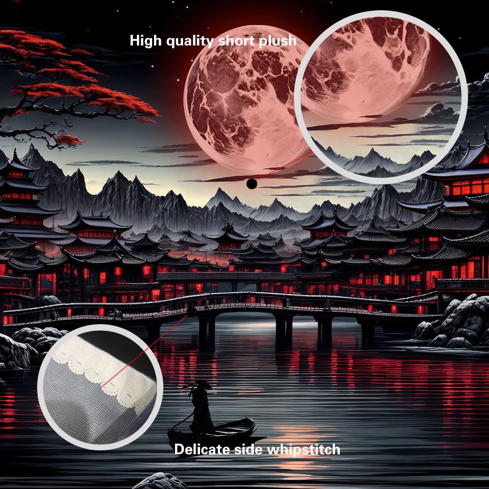 Ine Ive Japanese Landscape Tapestry Cool Red and Black Aesthetic Full Moon Mountain Riverside Wall Tapestries for Men 80x60inch Dark Nature Asian Japan Anime Art Poster for Bedroom Office Dorm Decor