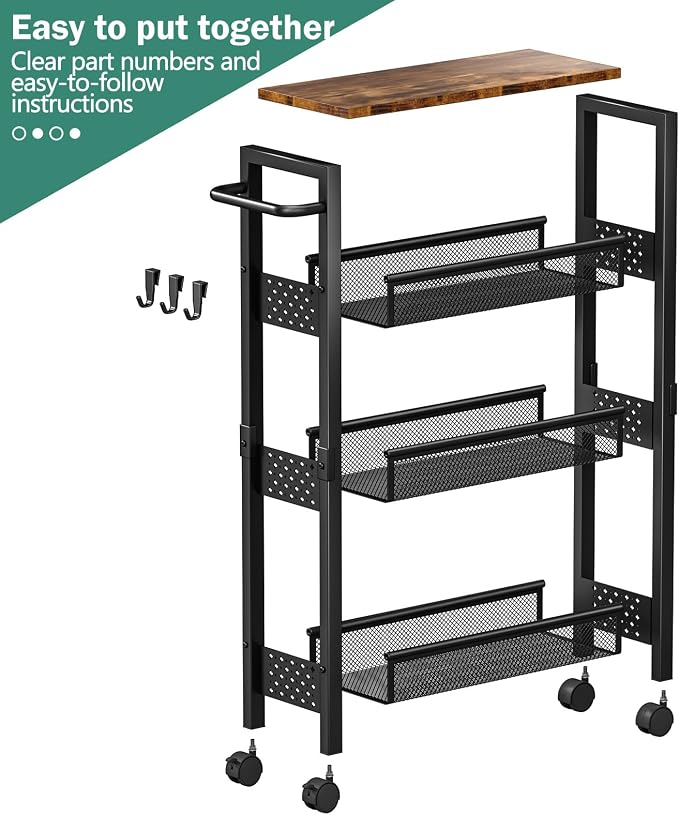 Vivihomety Utility Slim Storage Cart with Wheels, 4 Tier Small Rolling Cart with Wood Top, Metal Kitchen Bathroom Laundry Room Organization Trolley with Handle for Narrow Space – Black
