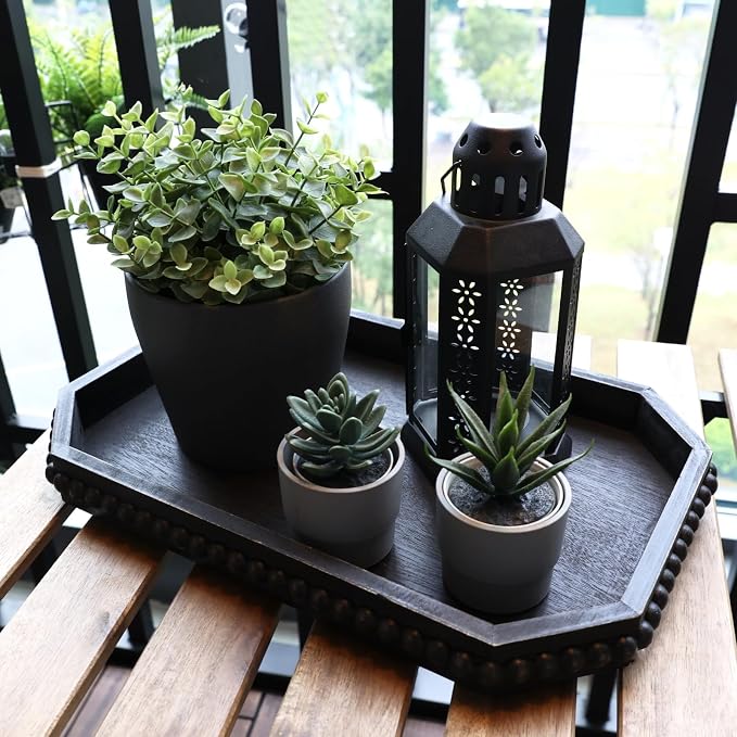 Hrastany Wood Rustic Serving Tray with Beads, Farmhouse Vintage Black Decorative Tray for Table Centerpiece, Christmas Wedding Halloween Home Decor