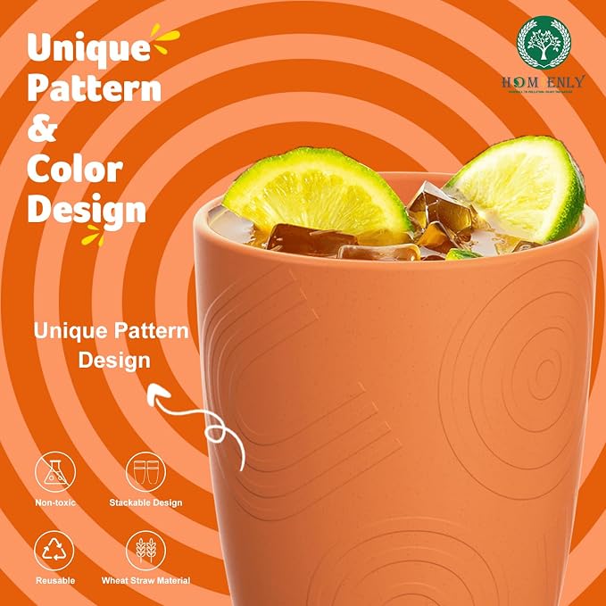 Homienly 8-Pack Plastic Cups Alternative, Reusable Drinking Cup Set 12 OZ, Unbreakable Wheat Straw Cups for Kitchen, Outdoor, RV, Dishwasher Safe Water Tumblers for Milk, Smoothies, Juice(Orange)