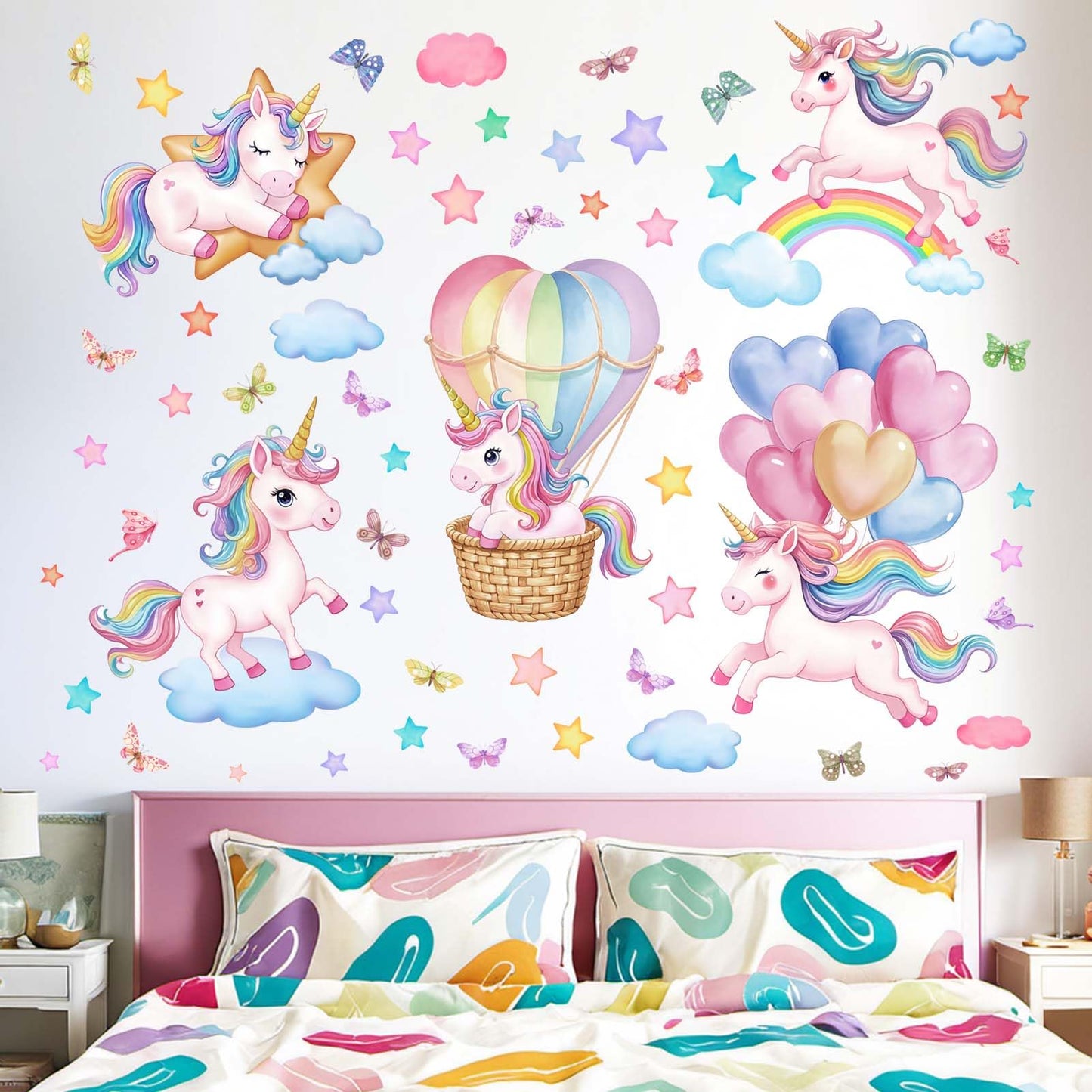 Unicorn Rainbow Wall Decals for Girls: Peel and Stick Hot Air Balloon Stars Cloud Wall Stickers - Baby Nursery Boys Room Bedroom - Kids Supplies Ages 1-12 Years Wall Decor Art