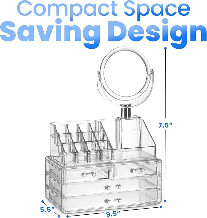 Masirs Clear Makeup Organizer with Mirror – 16-Compartment Cosmetic and Jewelry Holder, 4-Drawer Vanity Storage, Elegant Clear Design for Makeup and Accessories