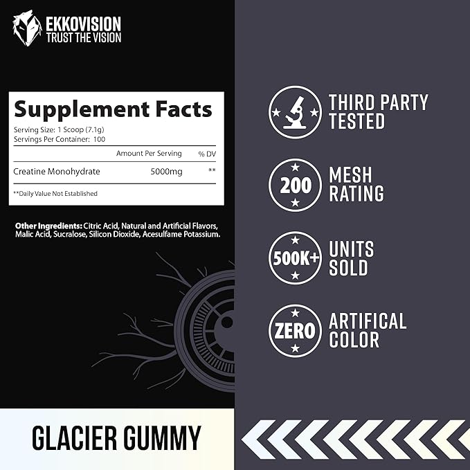 Ekkovision Creatine Monohydrate Powder, Micronized, Glacier Gummy, Pre Workout & Post Workout Supplement for Men & Women, Energy Support, Easy to Mix in Shakes, Smoothies & Beverages, 100 Servings