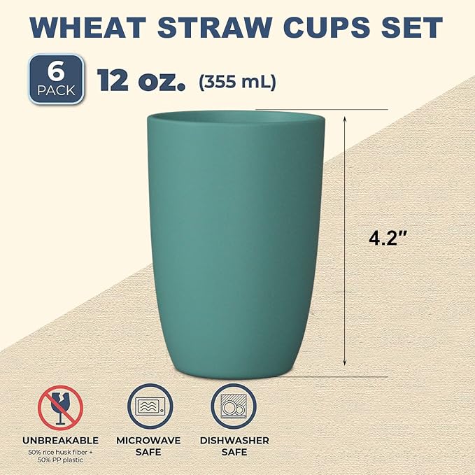 Wrova Wheat Straw Cups 6 PCS Good Alternative to Plastic Reusable Cups 12 oz Unbreakable Drinking Cup Reusable Dishwasher Safe Water Plastic Glasses Green