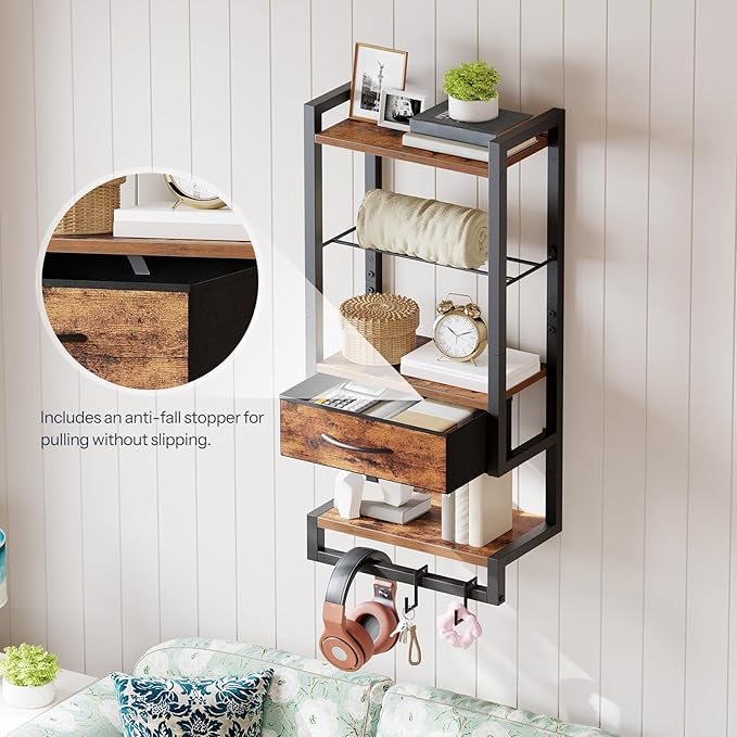 HOOBRO Blanket Ladder and Towel Rack for Bathroom, Drying and Display Rack with Shelf, Towel Bar with Hanging Rod, BF52CJ01-BF11LB01