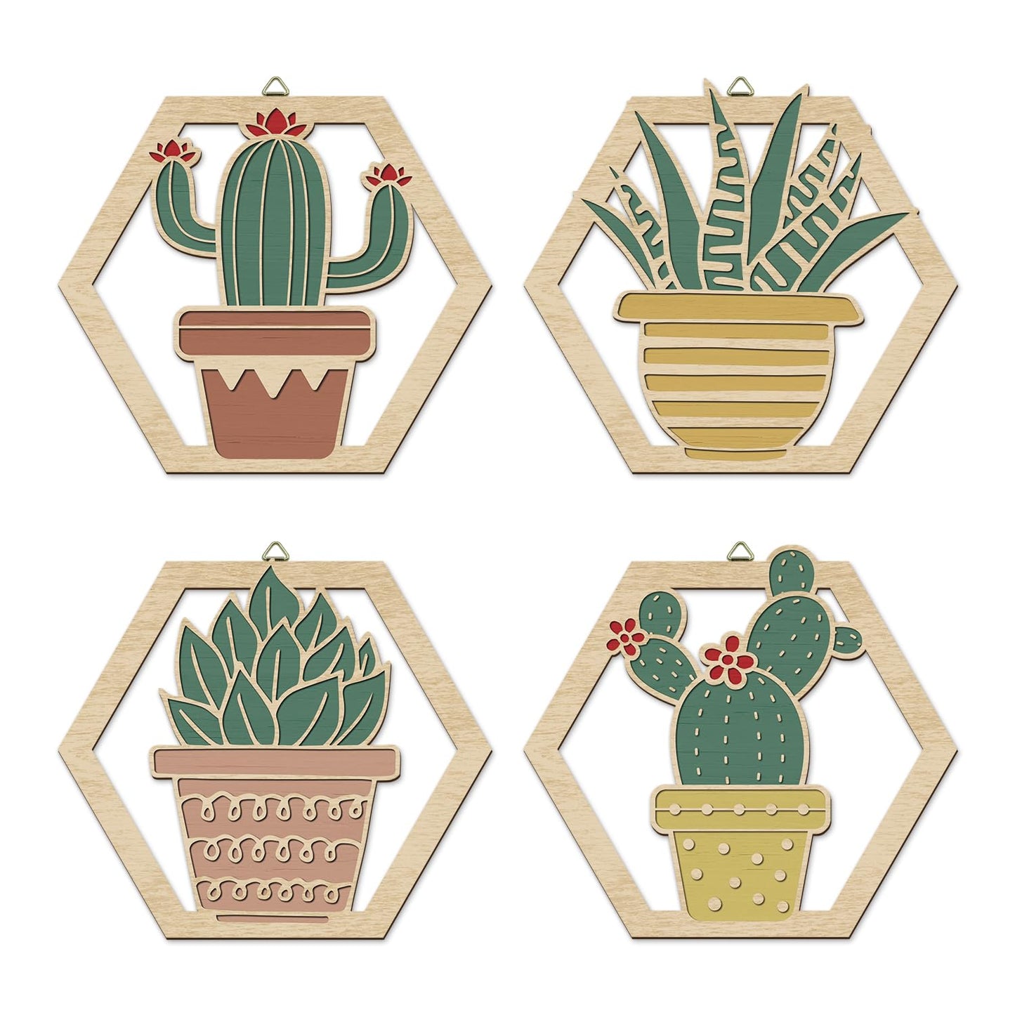 HOURIA 4Pcs Boho Cactus Wall Decor(10”x9”),Rustic Tropical Botanical Floral Wall Art,Hexagon Southwest Succulent Plant Wood Hanging Sign for Farmhouse Toilet Restroom Living Room Office
