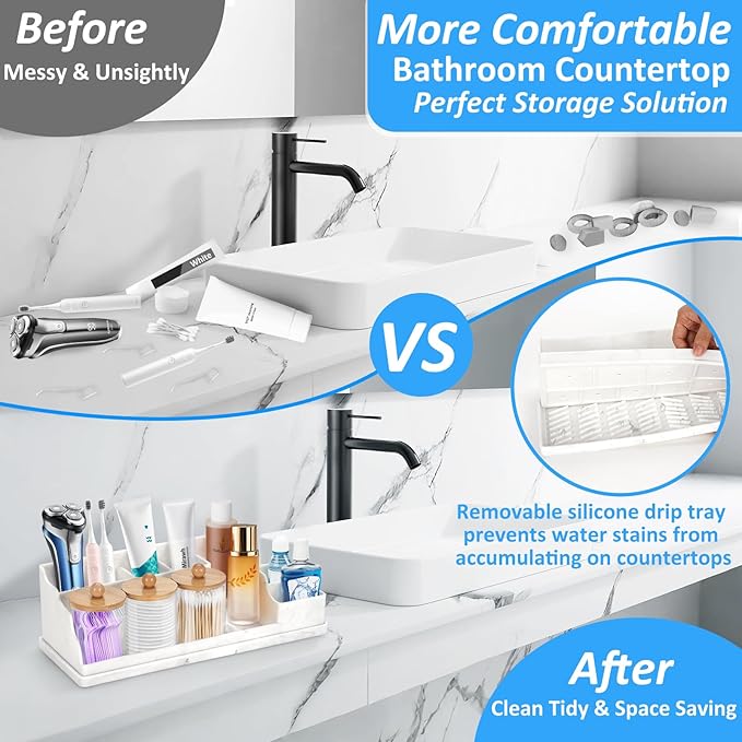 Bathroom Counter Organizer, White Silicone Toothbrush Holders for Bathrooms Organizer Countertop with 3PCS Qtip Holder, Toothbrush and Toothpaste Holder for Bathroom Organization Storage Vanity