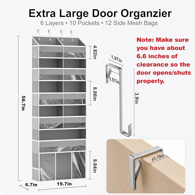 Over the Door Hanging Organizer - Hanging Closet Organizer and Storage with Large Pockets, Swing-proof Behind The Door Organizer for Bathroom Nursery Room Essentials (Grey, 1 Pack - Extra Large)
