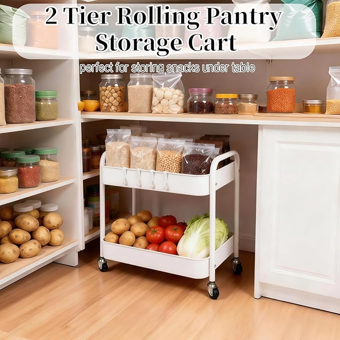 2 Pack Two Tier Rolling Cart with Wheels Small Pantry Floor Organizer Under Desk Storage Metal Short Utility Cart for Small Space, Kitchen Shelf Laundry Room Bathroom Organization, White