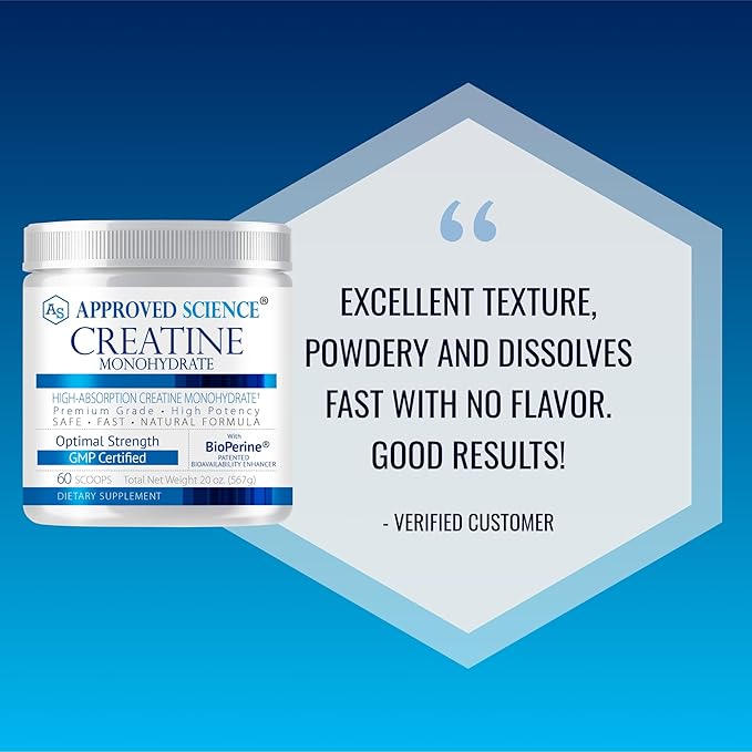Approved Science Creatine Monohydrate Powder with BioPerine - Supports Lean Muscle Growth and Recovery - 60 Servings - 5g Per Serving - Unflavored - Non-GMO, Vegan