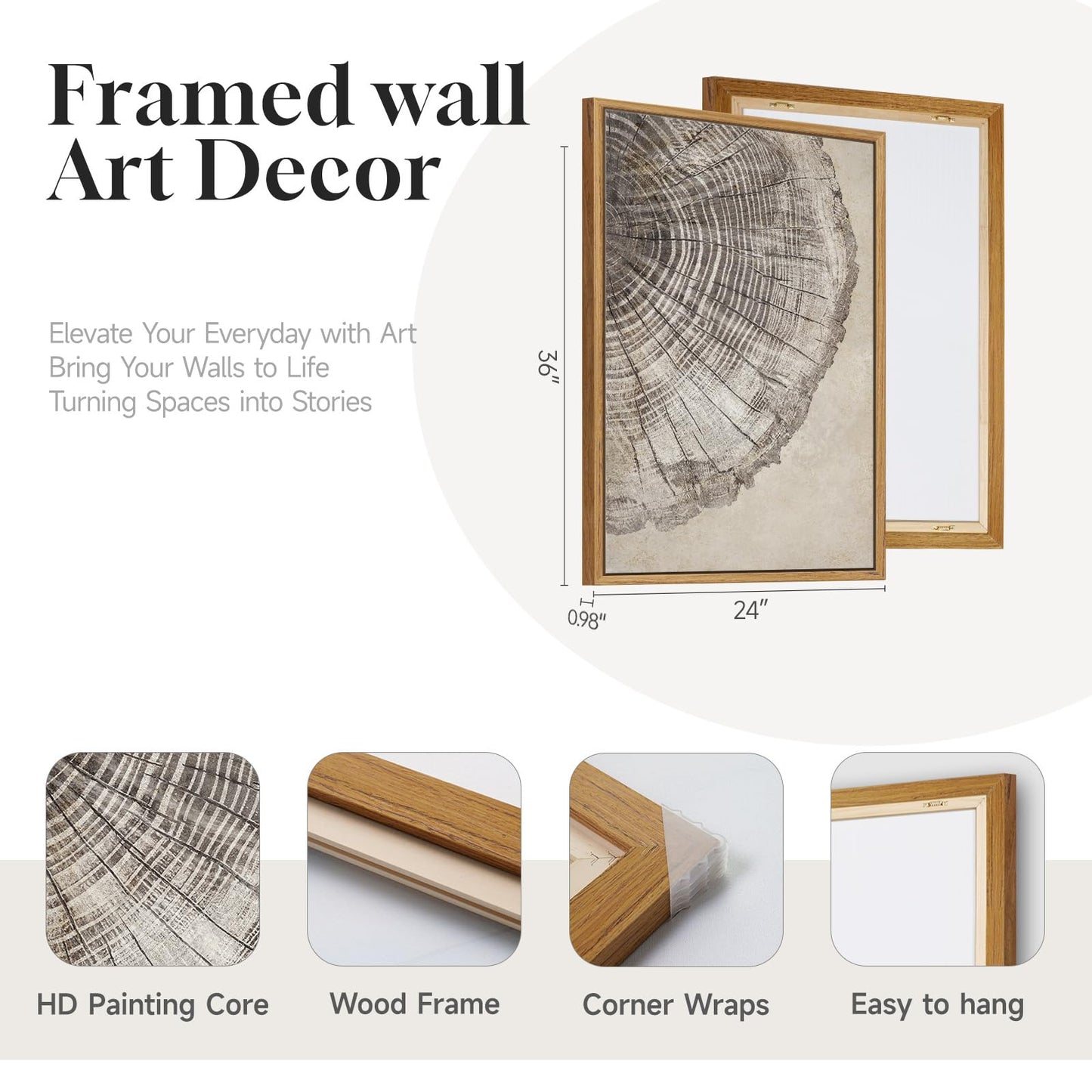 2 Piece Framed Neutral Tree Rings Wall Art for Living Room, Large Modern Wood Grain Canvas Prints Paintings, Farmhouse Nature Wabi Sabi Artwork Decor for Bedroom Hallway 24x36 Inch