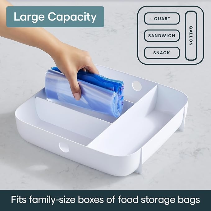 YouCopia StoraBag Food Bag Dispenser, Family Size 4-Slot, Plastic Sandwich Bags Drawer Organizer for Kitchen Storage
