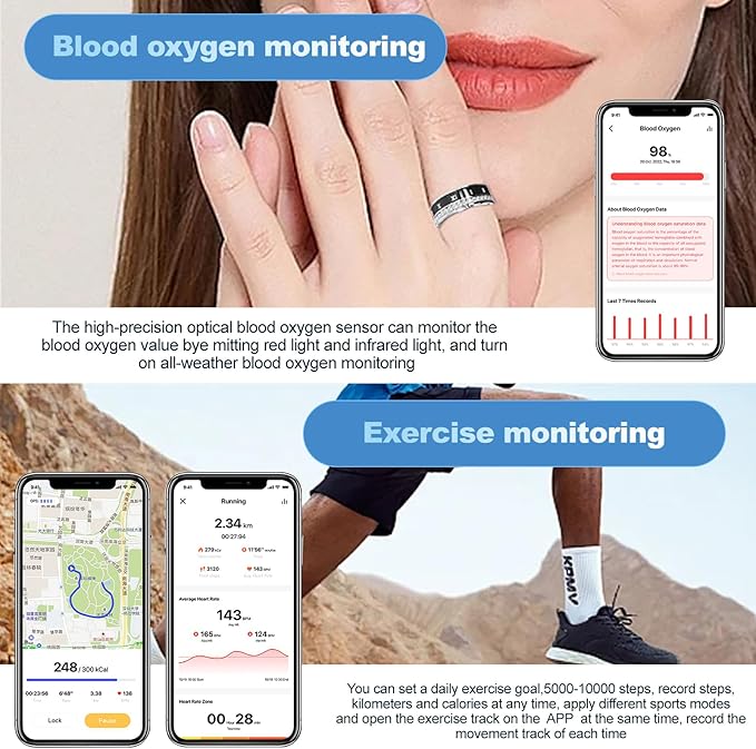 Diamond-encrusted Smart Health Ring for Men and Women - Fitness Tracker with Heart Rate, Blood Oxygen, Blood Pressure, Step Counting, Sleep Monitoring, IP68 Waterproof for iPhone and Android, Black 8#