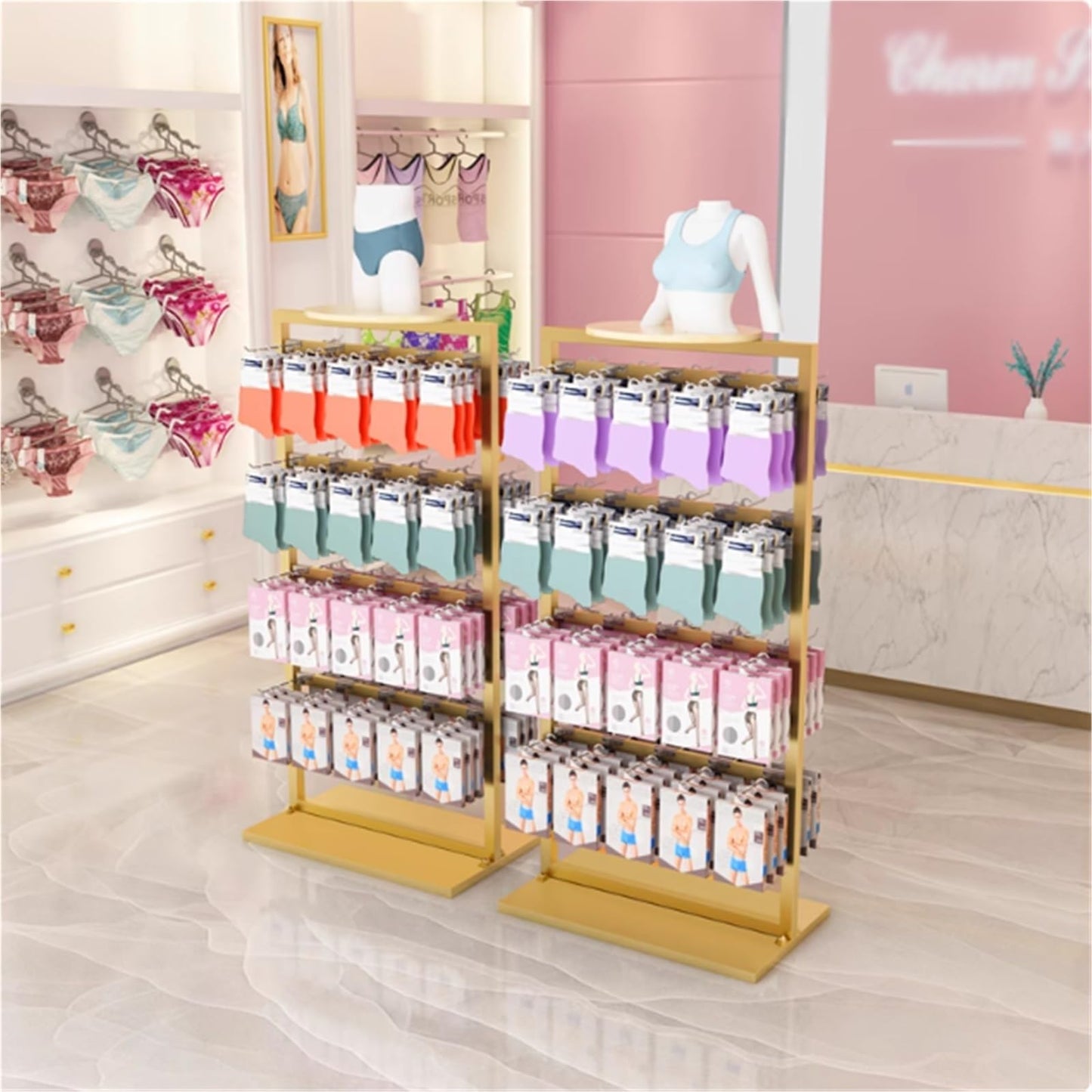 25.5 * 15.7 * 53in Sock Lingerie Bra Rack with Hook, Metal, Commercial Underwear Retail Display Stand, Freestanding Clothing Storage Shelf, for Farmers Markets, 4 Tier(White)
