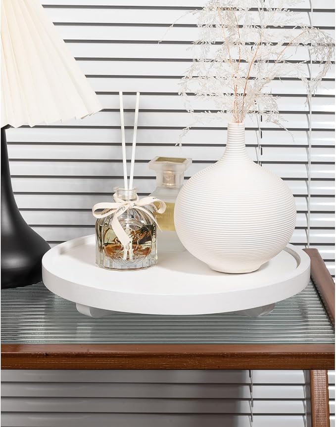 Round Decorative Tray Wood Bathroom Counter Organizer Farmhouse Kitchen Decor Wooden Riser for Soap Dish, Perfume, Candle, Sponge, 11" - White