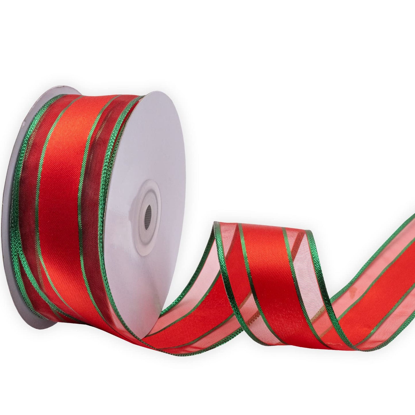 XMRIBBON Organza Edge Satin Ribbon Red Wired Ribbon with Green Metallic, 1-1/2 Inch X 25 Yards, for Christmas Home Decor, Gift Wrapping, Bow Making, Wreath, DIY Crafts