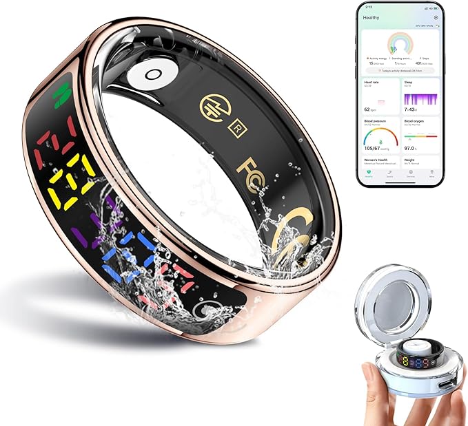 Smart Ring for Women Men, Health Ring with Colorful Display, Fitness Tracker with Heart Rate, Blood Oxygen, Sleep Monitor, No Subscription Fee, 5ATM Waterproof for iPhone & Android (Rose Gold, 10)