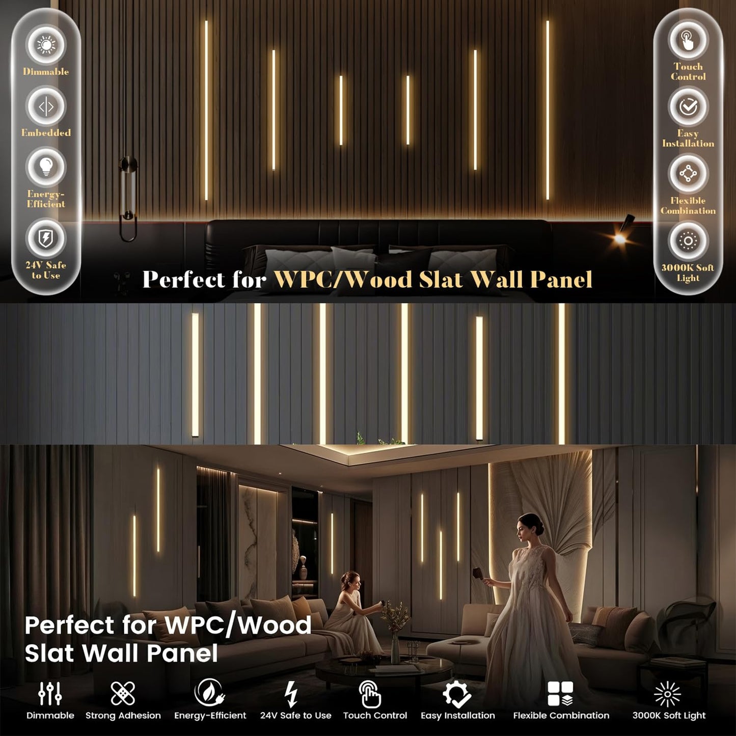 6-Lights LED Recessed Lighting Wall Panel Lights,Self-Adhesive Wood Slat Wall Panel Strip Light,4000K Touchable Switch Dimmable LED Aluminum Channel lamp,Under Cabinet Light(39in+31.5in+23.6in)