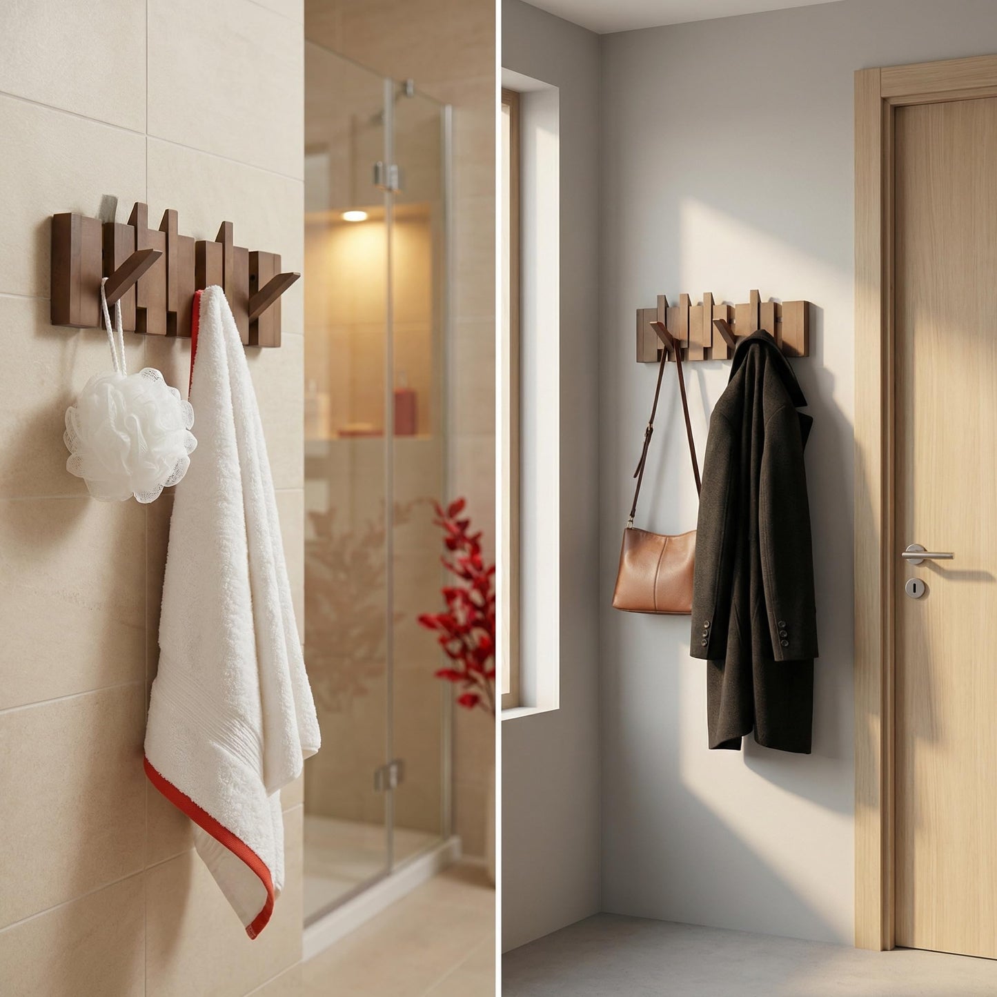 ZOESEEK 16.9" Wooden Piano Key Coat Rack Wall Mounted, Flip Down 6 Hooks Heavy Duty for Hanging Coats/Hats/Keys/Towels/Bags, Natural Walnut Entryway Hanger Art Hook