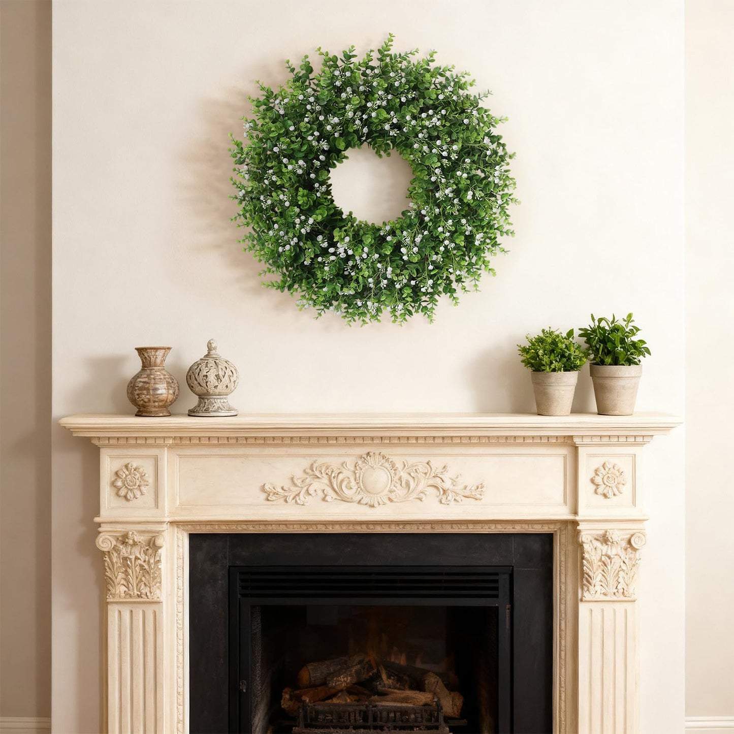 26" Artificial Eucalyptus Wreath with Baby's Breath for Front Door - Faux Eucalyptus Leaves, Fake Spring/Summer Greenery Flowers Wreath for Porch, Farmhouse, Wall, Window Outdoor Decor(White-Green)
