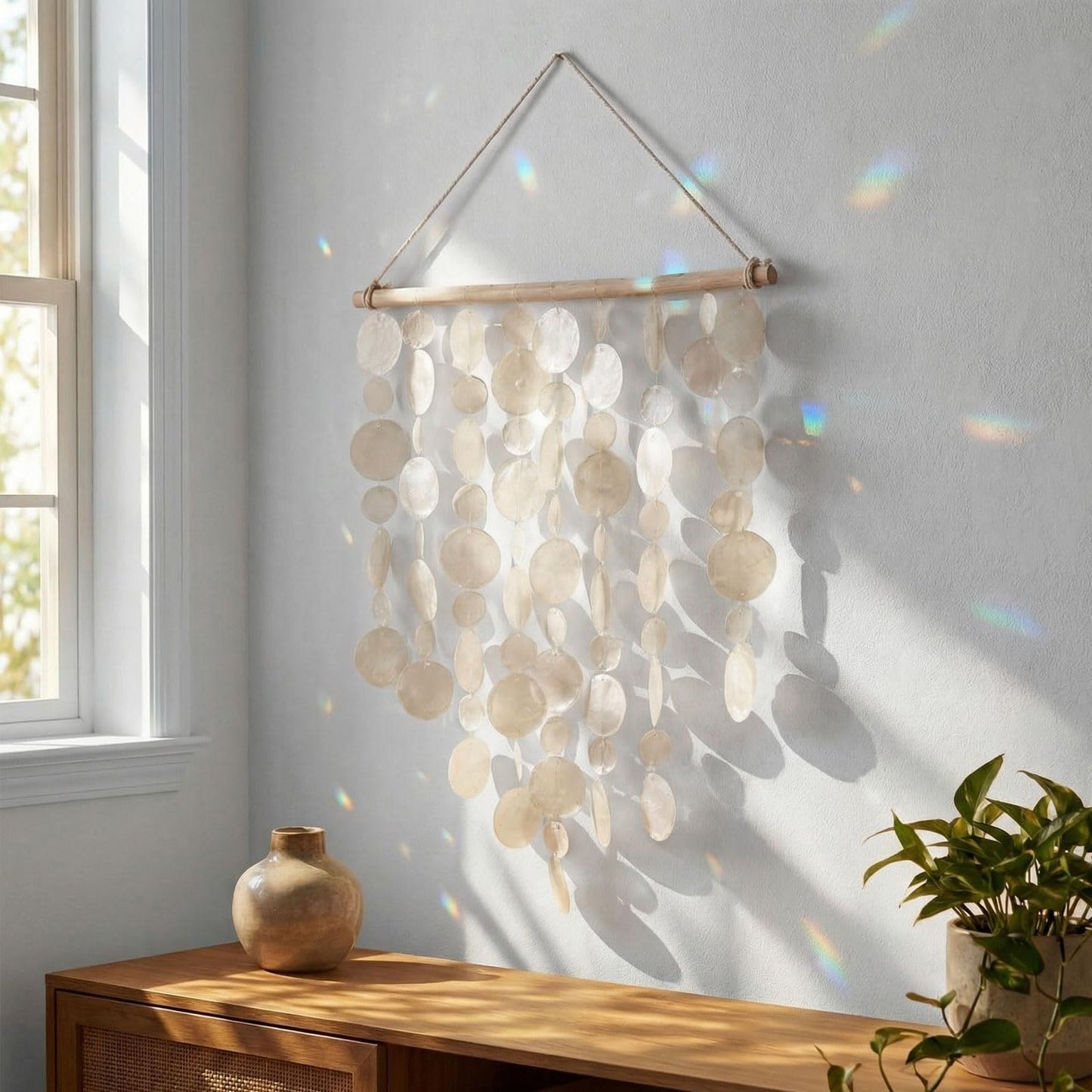 Novabright Handmade Capiz Shell Wall Decor,Boho Coastal Decor with Wooden Hanger Natural Shell Wall Ocean Art Hanging Ornaments for Living Room Bedroom Office(16x20 Inch)