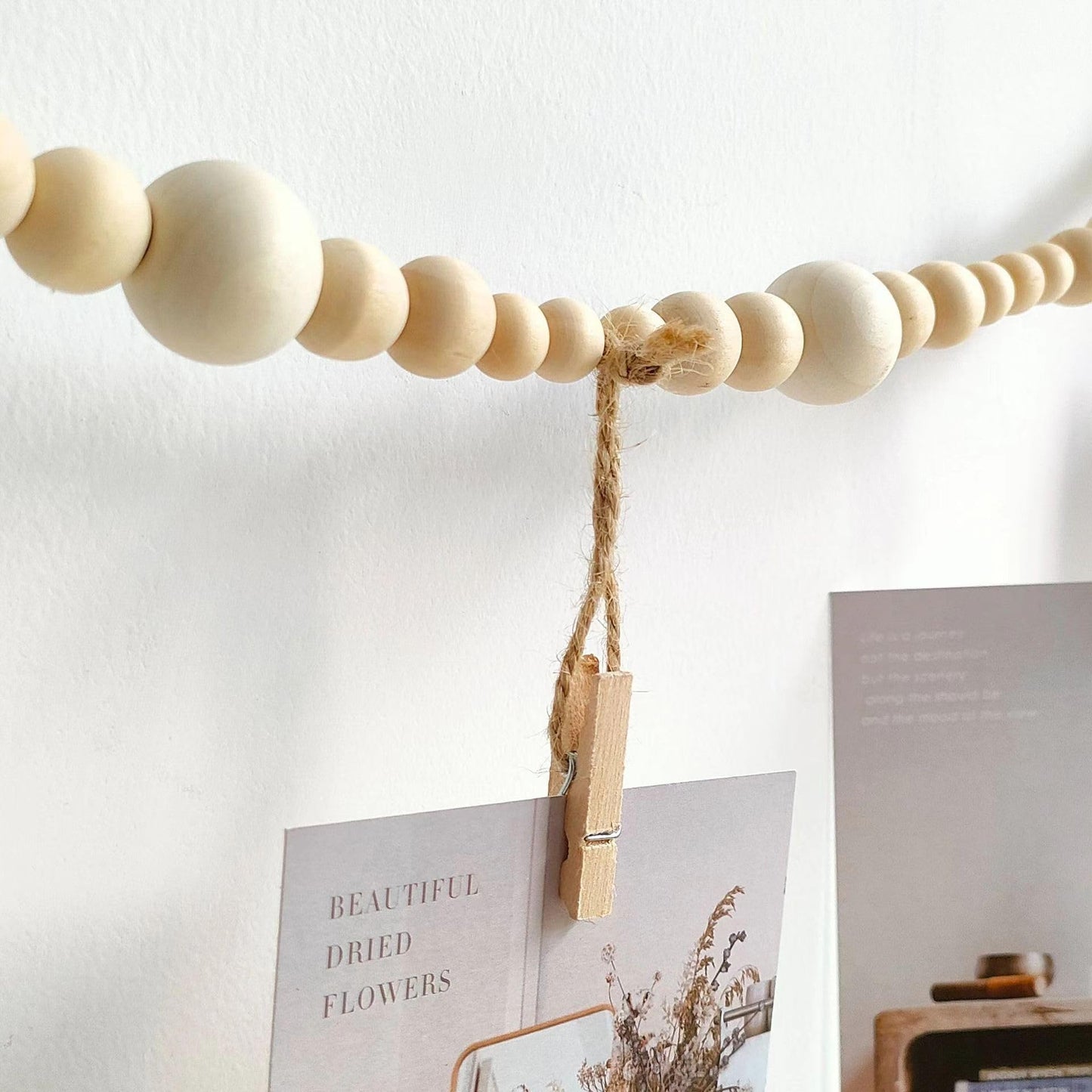 2PCS Hanging Photo Display Wall Decor,Boho Wooden Bead Garland Picture Hanging String with Clips for Dorm, Bedroom, Living Room, Office Cubicle Decor, Art Display Hangers for Artwork