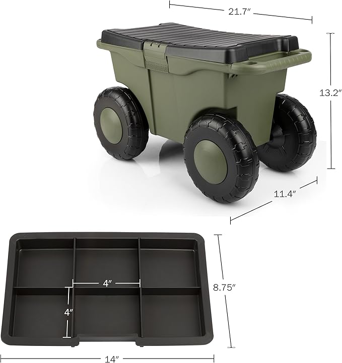 Pure Garden Rolling Garden Cart with Seat - Plastic Storage with Bench and Interior Tool Tray - Gardening Stool for Weeding and Planting (Green)