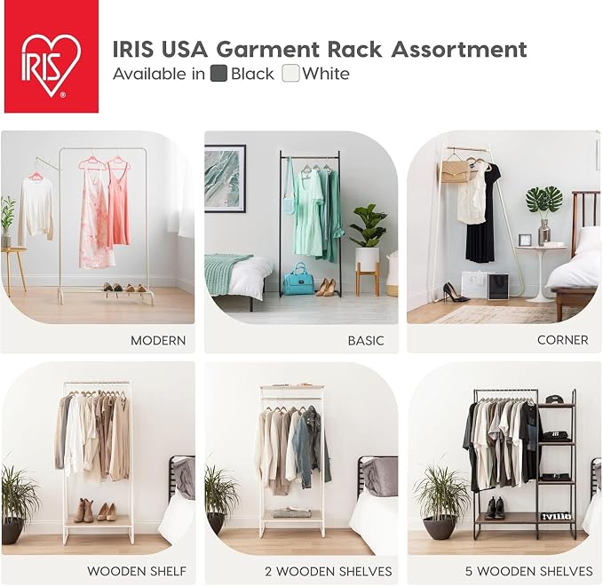 IRIS USA Clothes Rack for Hanging Clothes with Shelf, Freestanding Clothing Rack, Easy to Assemble Garment Rack, Metal, Sturdy Design, Multipurpose, Small Space Storage Solution, White