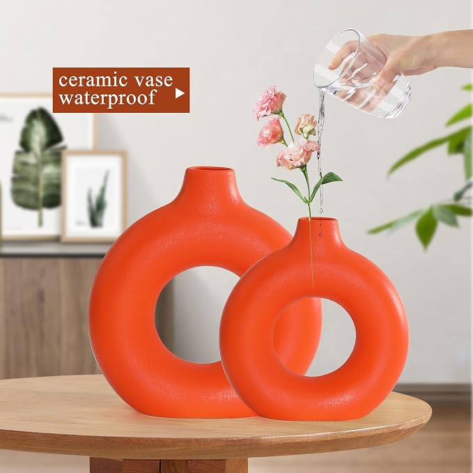 Orange Ceramic Donut Vase Set of 2, Hollow Round Matte Pampas Flower Vases for Boho Home Wedding Party Room Dinner Table Shelf Decor.（Orange）
