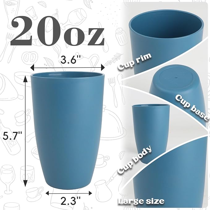 SINOGE Premium Wheat Straw Cups 20 oz Large Capacity Unbreakable Drinking Glasses | Set of 6 | Alternative to Plastic Cups Reusable Water Glasses Dishwasher and Microwave Safe Drinking Cups - Blue