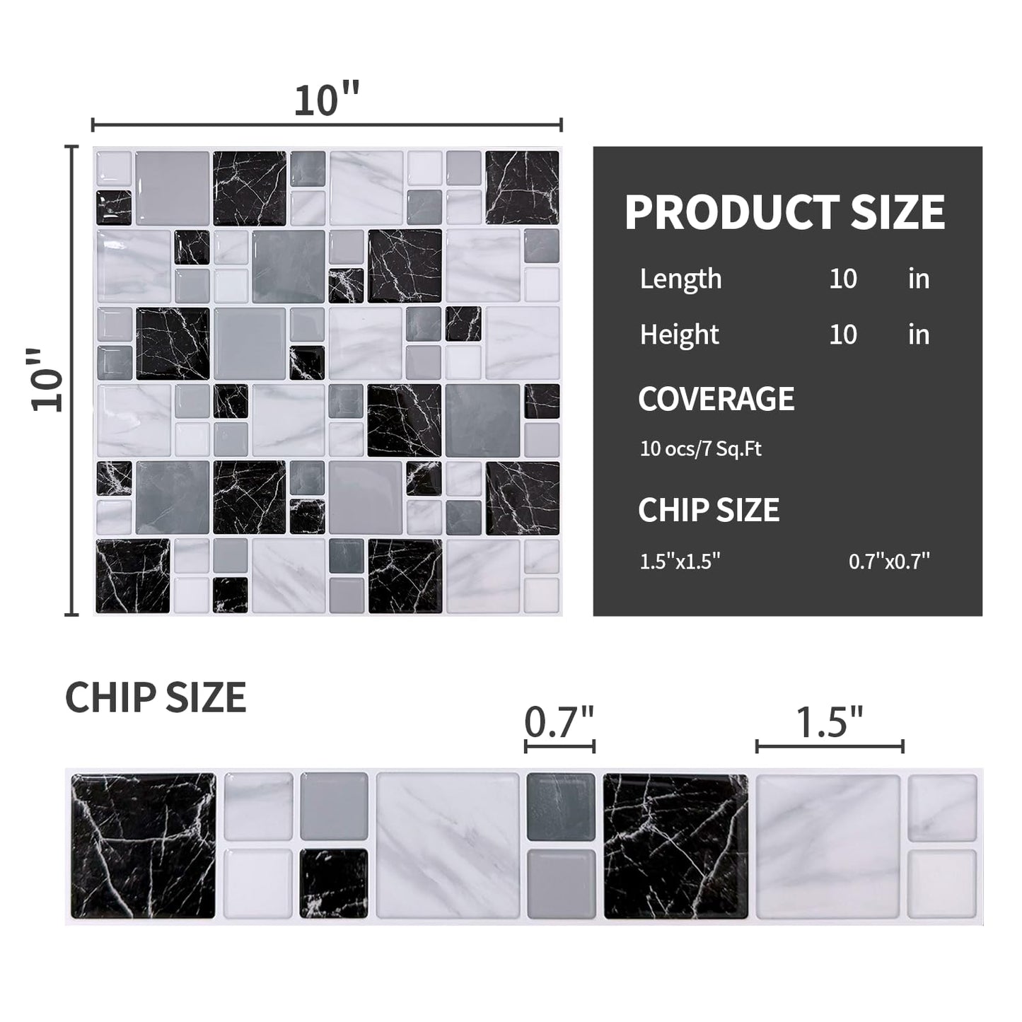 10-Sheet Peel and Stick Backsplash for Kitchen, 10” x 10” Self Adhesive Marble Gray Wall Tile Waterproof Removable Stick on Backsplash for Kitchen Bathroom Fireplace, Grey Marble