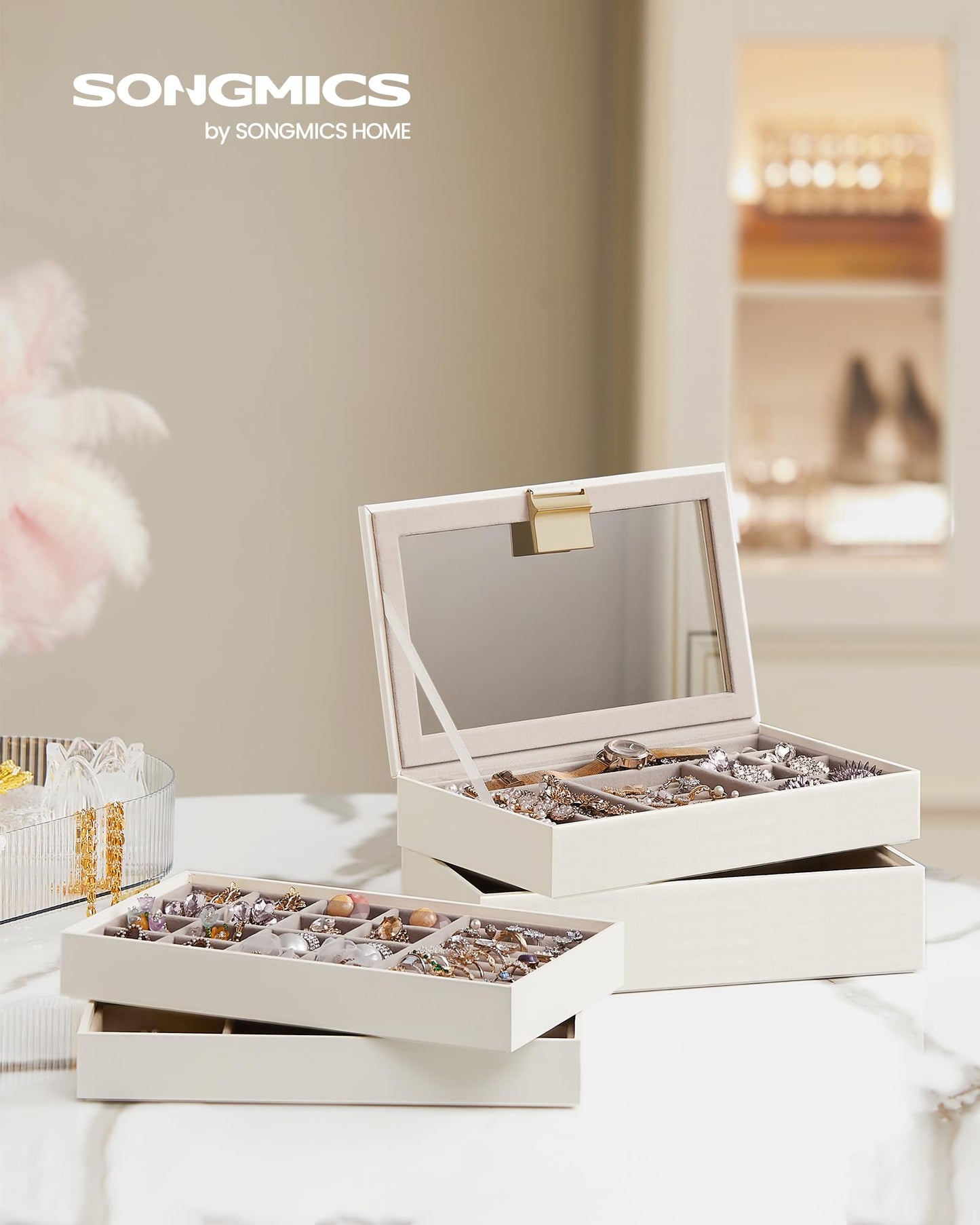 SONGMICS Stackable Jewelry Trays, 4-Tier Jewelry Box, Drawer Jewelry Organizer, with Glass Lid, Removable Dividers, for Vanity Table, 6.7 x 11 x 7.2 Inches, Gift Idea, Cloud White UJBC164W01