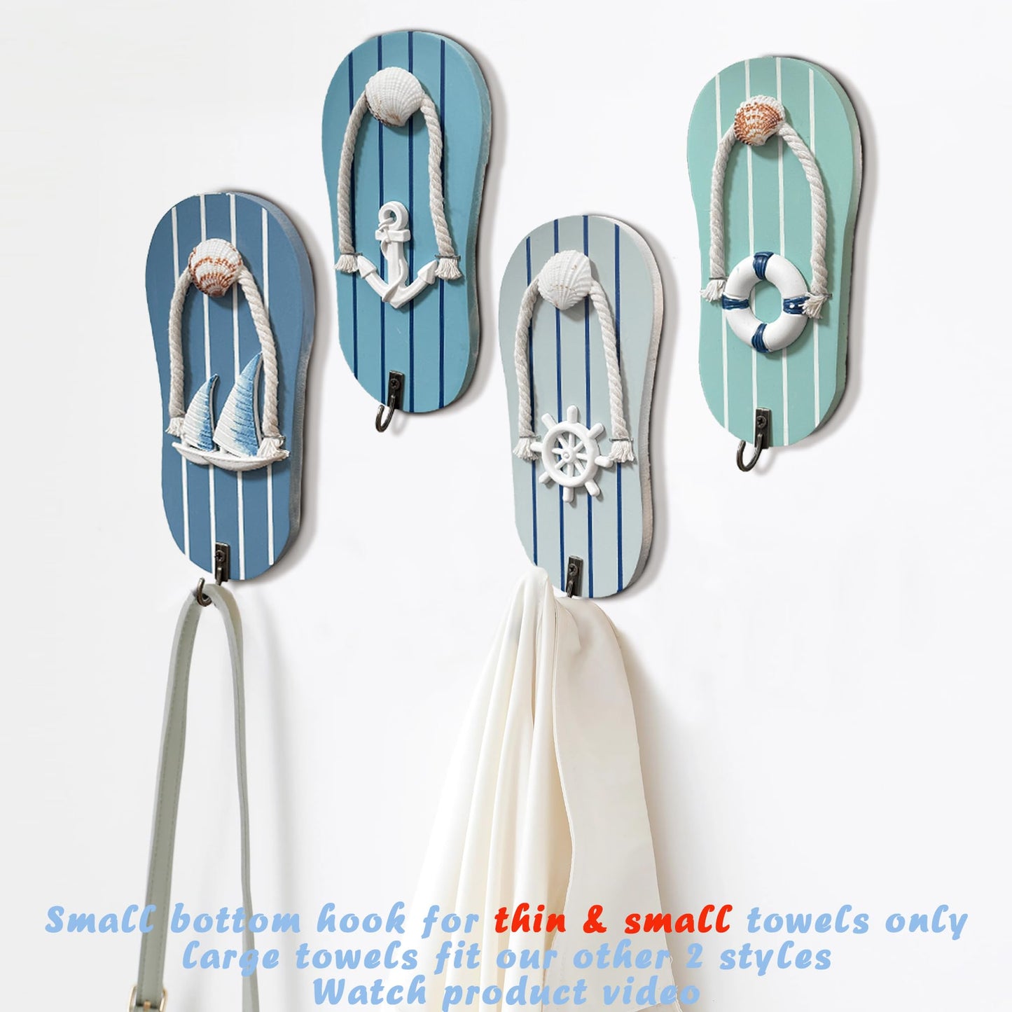 KYIEN Cute Flip Flop Small Towel Wall Hooks- Wooden Beach-Themed Rack with Metal Hooks (9.3") - Coastal Decor for Bathroom & Poolside, Beach Houses for Hanging Key Purse (Blue and White)