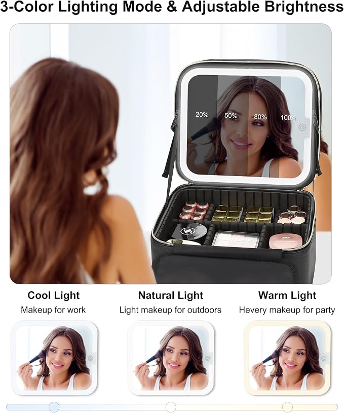 Relavel Makeup Bag with LED Mirror, Small Travel Makeup Case with Rechargeable Lighted Mirror 3 Color Lights, Double Layer Cosmetic Box Makeup Brush Lipstick Holder Organizer for Women, Black