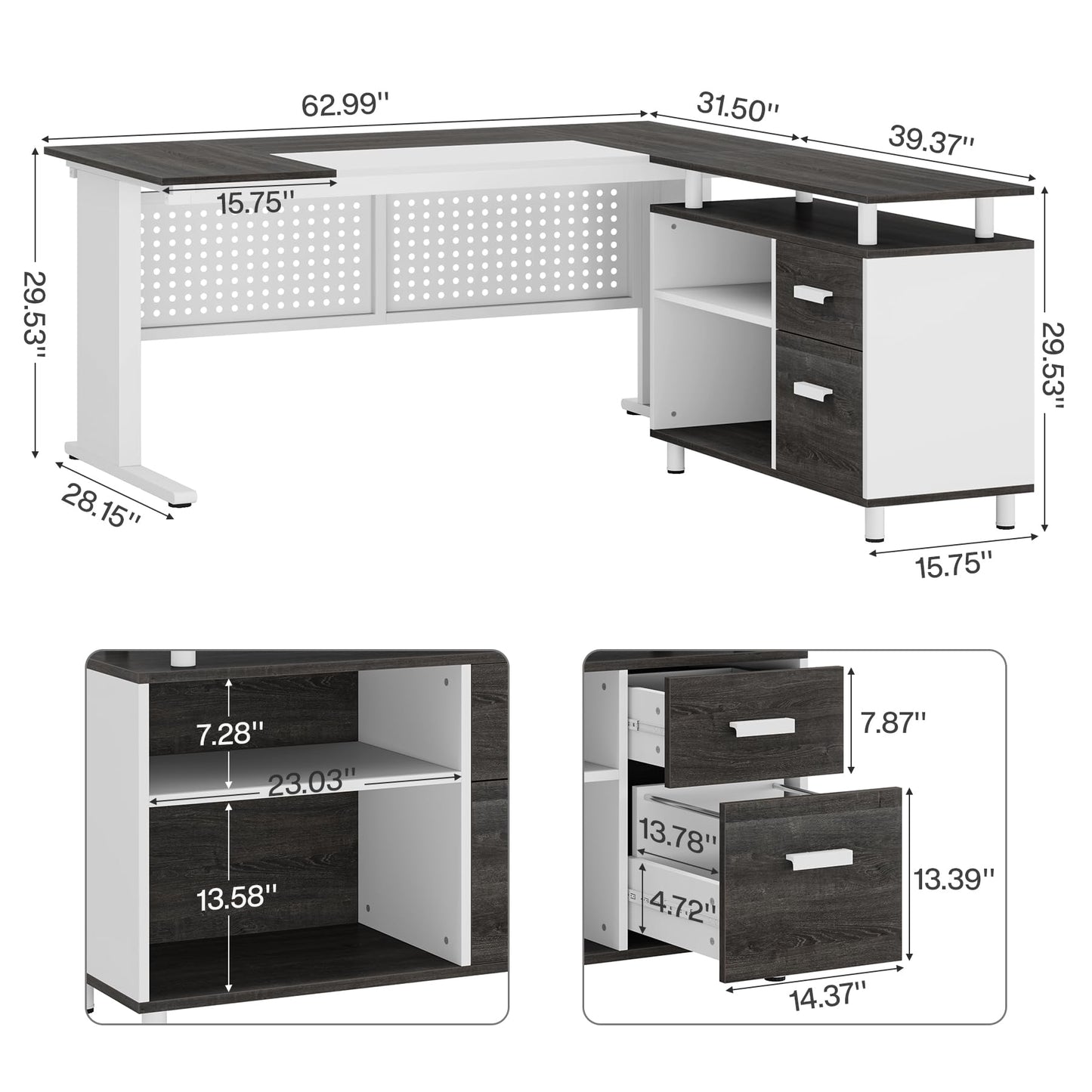 Tribesigns 63 Inch Executive Desk with File Cabinet, L Shaped Office Desk with Drawers and Storage Shelves, Business Furniture Set Workstation for Home Office, Gray and White