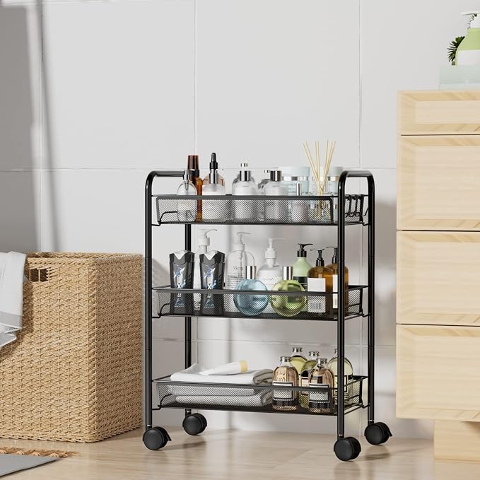 3-Tier Mesh Rolling Cart - 24.8" H Fits Under Desk Metal Cart with Wheel | Hold 35bls/Tier Small Space Storage Organizer Crafts Utility Cart for Office Pantry Bathroom Kitchen Laundry, Black