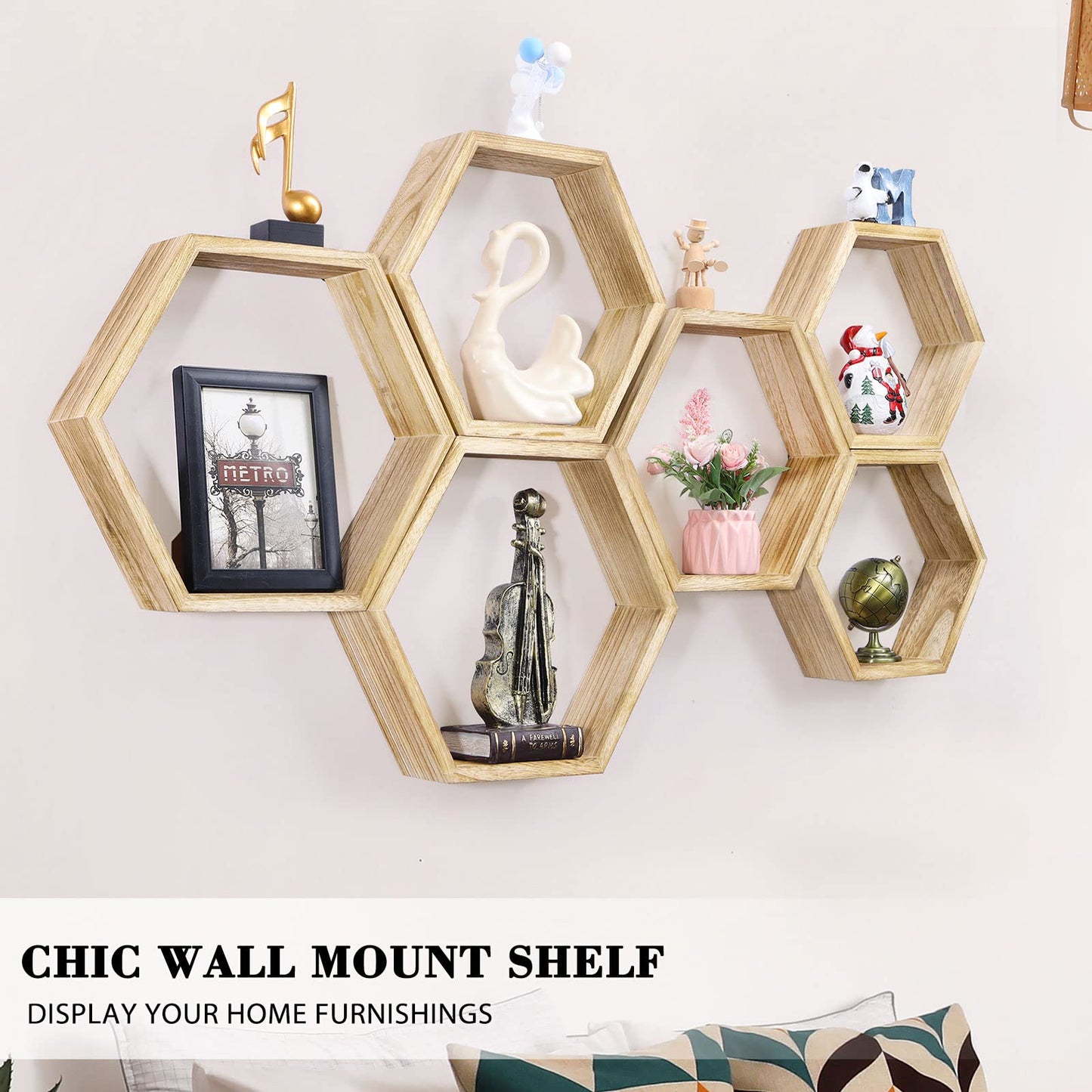 NOVIMANGO Hexagonal Floating Shelves Wall Mounted Set of 6 Wooden Hexagon Shelves Farmhouse Storage Honeycomb Shelves Hexagon Hanging Shelves Rustic Geometric Shelf for Nursery Bedroom Living Room
