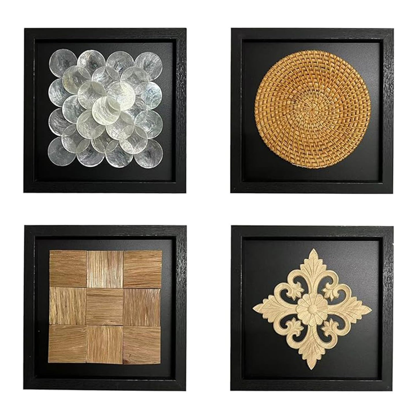 DREMECH Handmade 4-Piece Wall Art Set - Natural Shell/Rattan/Wood/Carved Decor with Black Frame | Unique Boho/Modern Home Decor for Living Room, Bedroom | One-of-a-Kind Artisan Wall Hangings