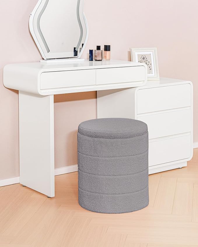 B FSOBEIIALEO Ottoman with Stroage, Round Sherpa Storage Ottoman Stool, Boucle Foot Rest 14.6"x14.6"x17.7"（Grey