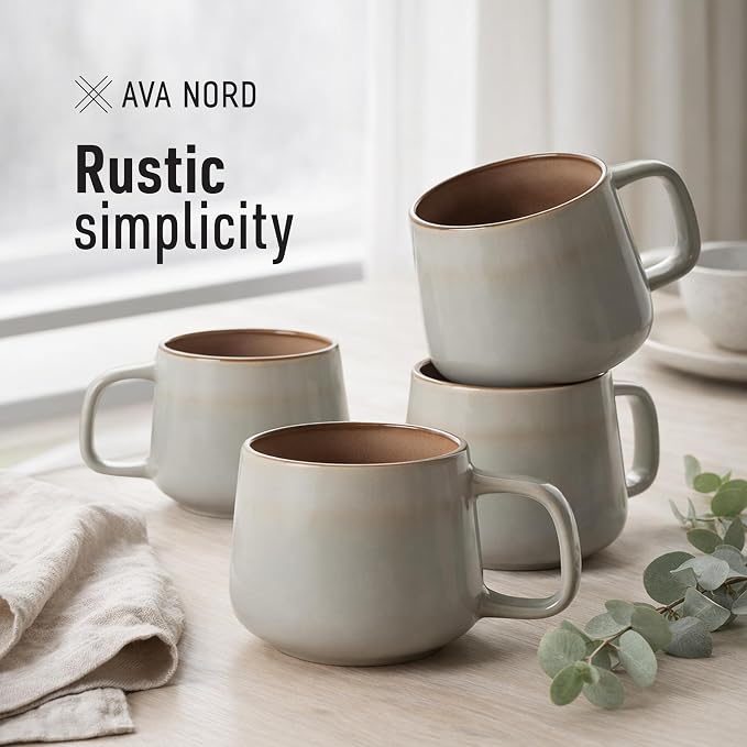 Ava Nord Ceramic Coffee Mugs Set of 4 | 12 oz Stoneware Coffee Cups | Lead-Free, Non-Toxic | Microwave and Dishwasher Safe | Comfortable Handle | Aesthetic Nordic Design for Tea and Latte | Sage Ash